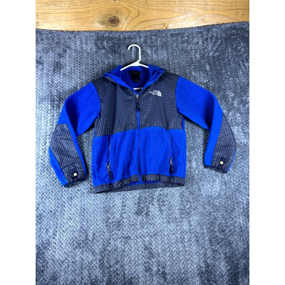 The North Face Denali Jacket Boys Small Royal Blue Grid Check Full Zip Hooded